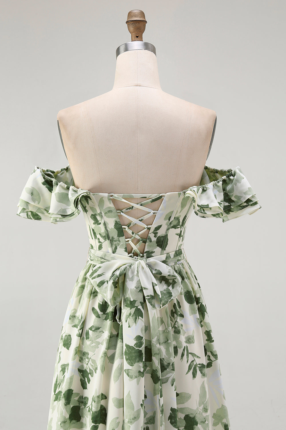 Floral Green Chiffon Off the Shoulder Long A-Line Wedding Guest Dress