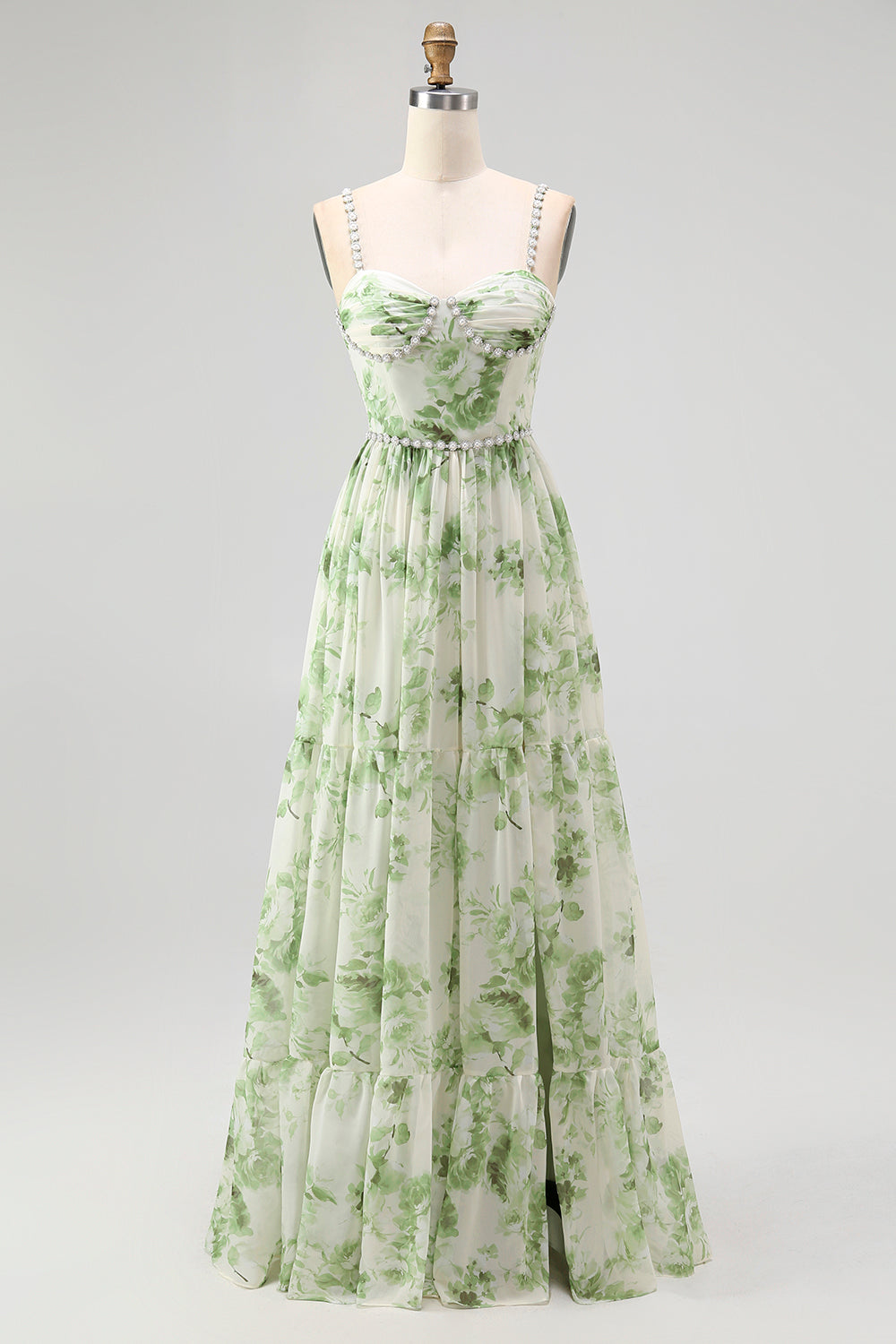 Floral Green Chiffon Spaghetti Straps A-Line Long Wedding Guest Dress with Slit