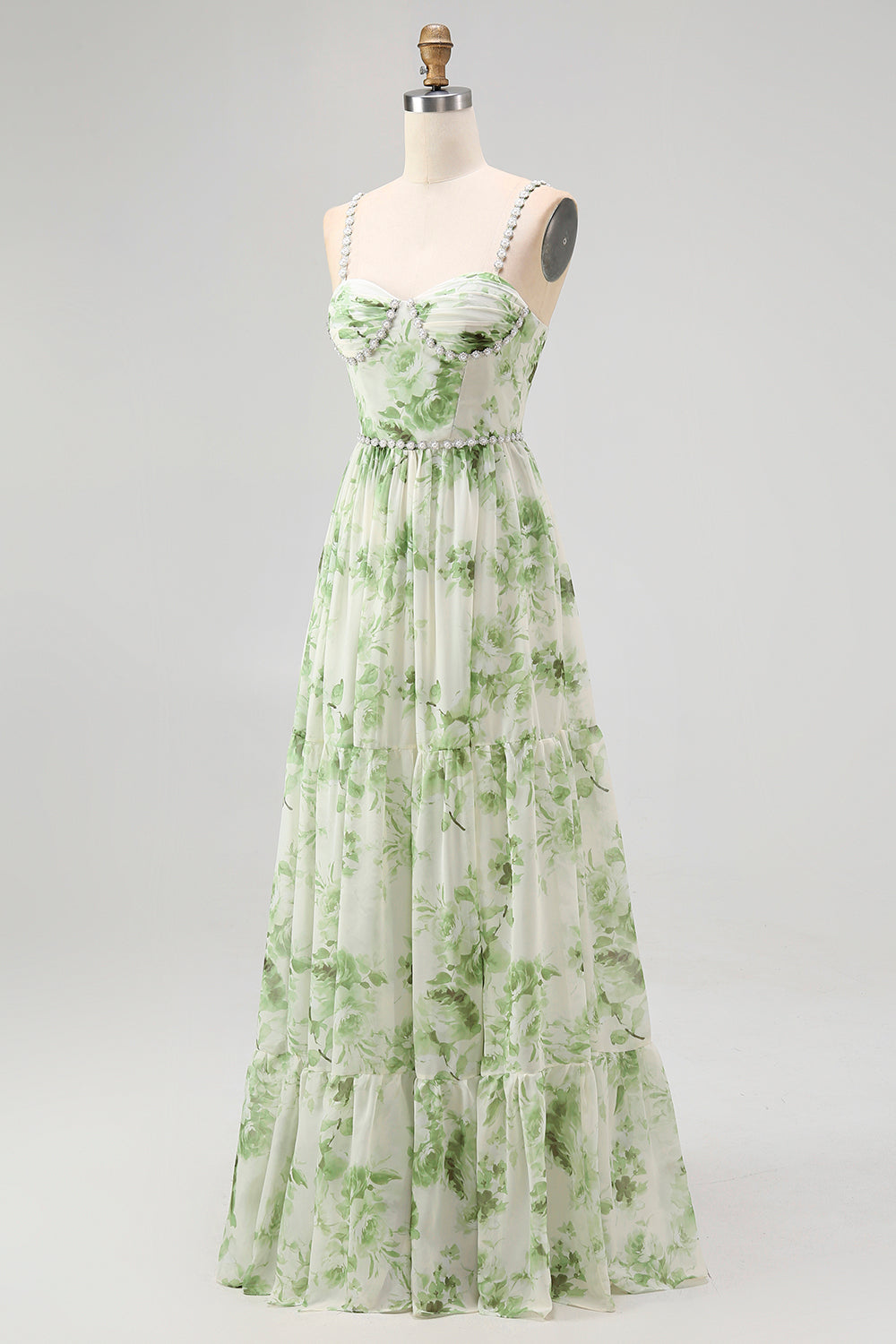 Floral Green Chiffon Spaghetti Straps A-Line Long Wedding Guest Dress with Slit