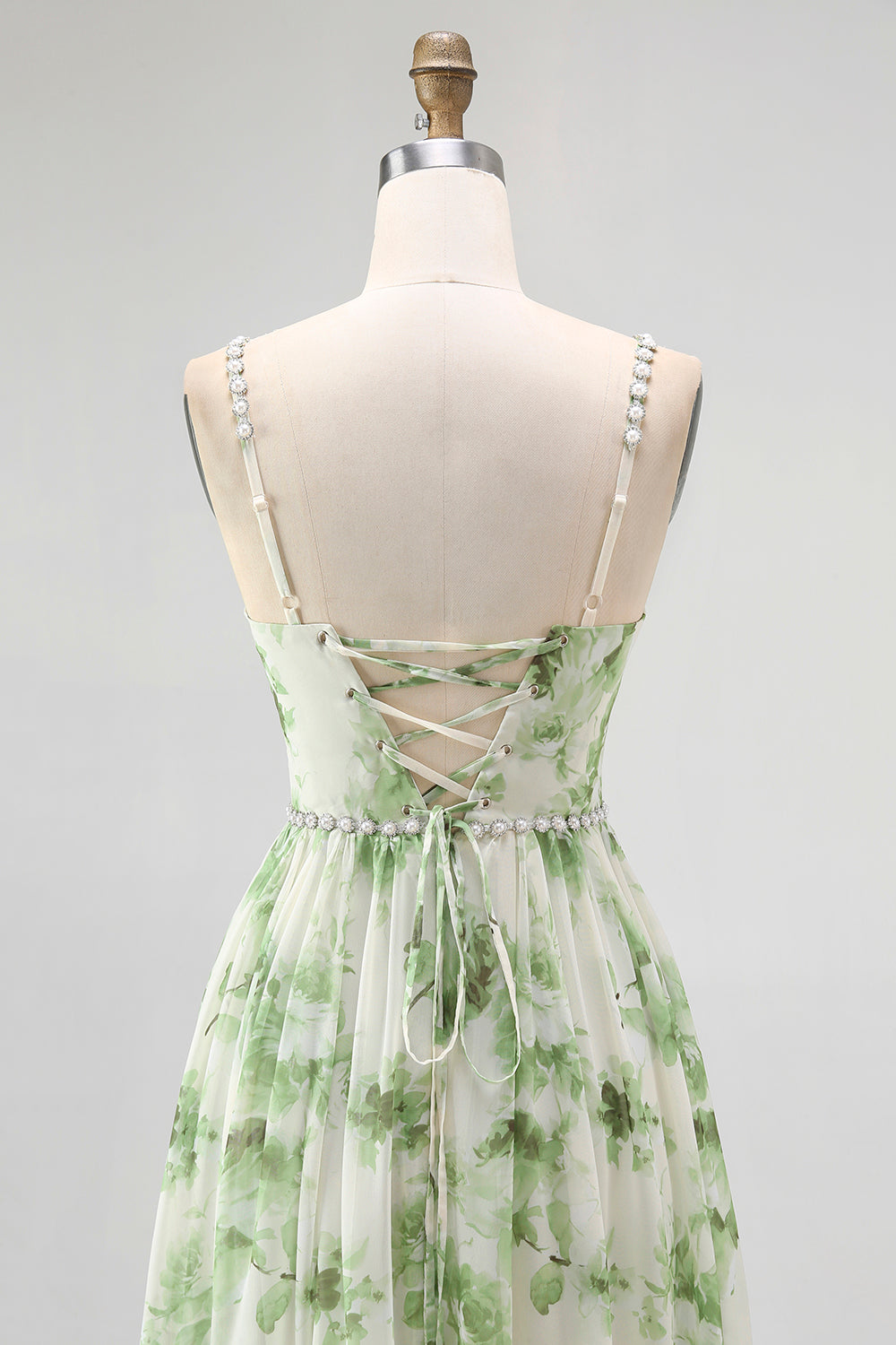 Floral Green Chiffon Spaghetti Straps A-Line Long Wedding Guest Dress with Slit