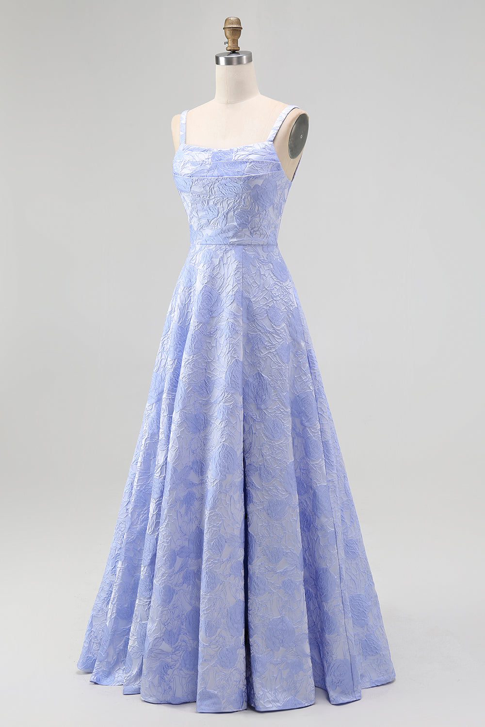 Floral Blue A-Line Spaghetti Straps Long Wedding Guest Dress with Slit