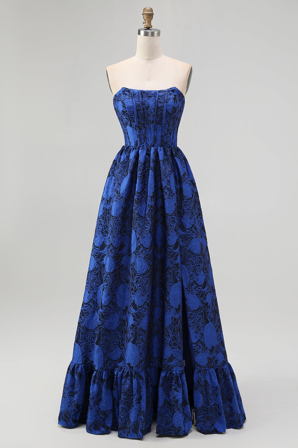Floral Dark Blue A-Line Jacquard Sweetheart Long Corset Wedding Guest Dress
