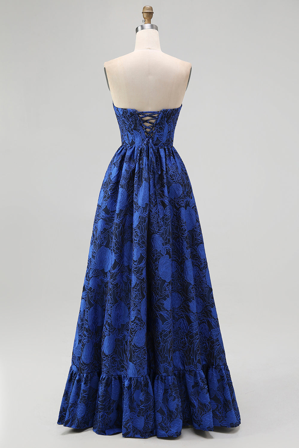 Floral Dark Blue A-Line Jacquard Sweetheart Long Corset Wedding Guest Dress