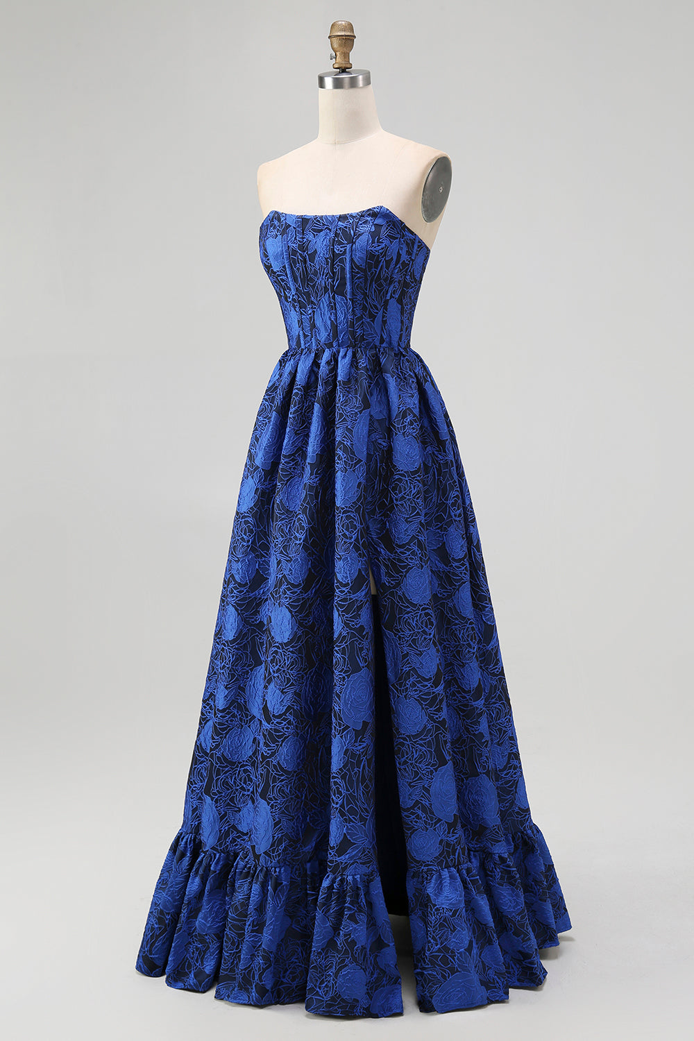Floral Dark Blue A-Line Jacquard Sweetheart Long Corset Wedding Guest Dress