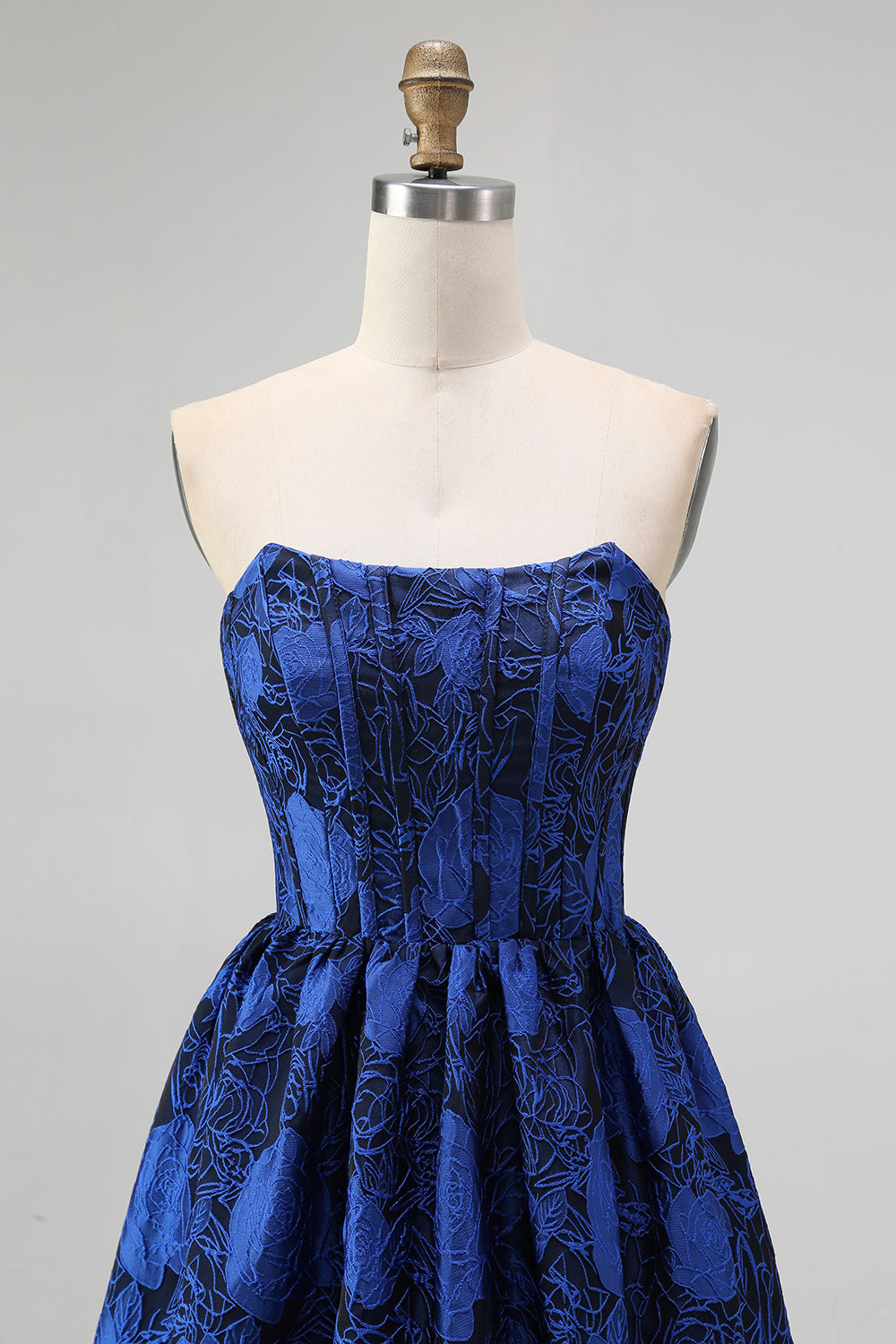 Floral Dark Blue A-Line Jacquard Sweetheart Long Corset Wedding Guest Dress