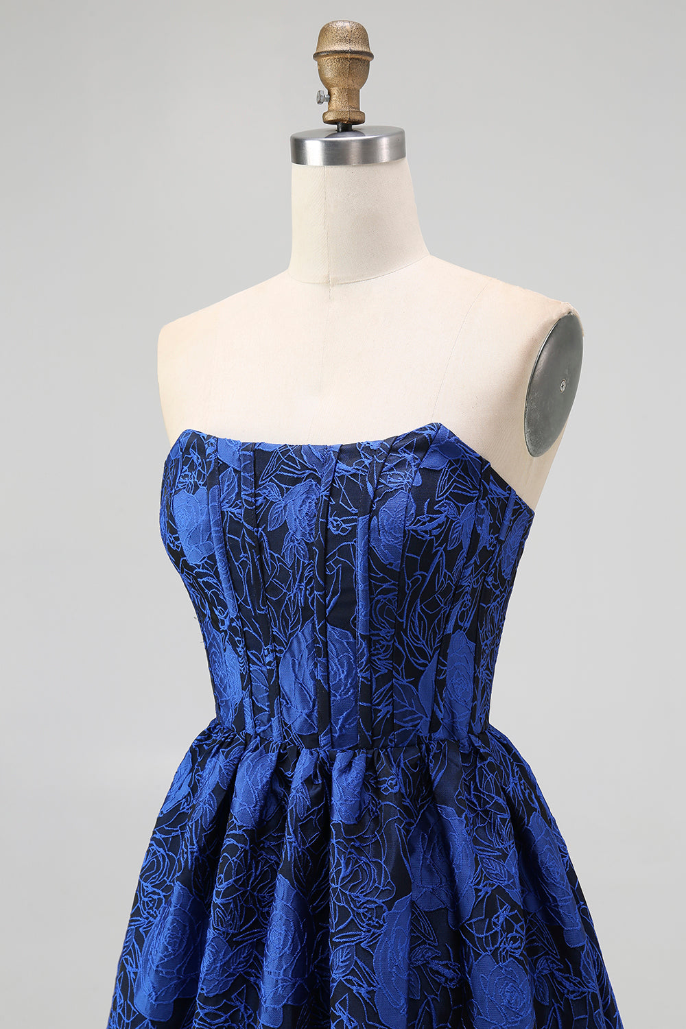 Floral Dark Blue A-Line Jacquard Sweetheart Long Corset Wedding Guest Dress