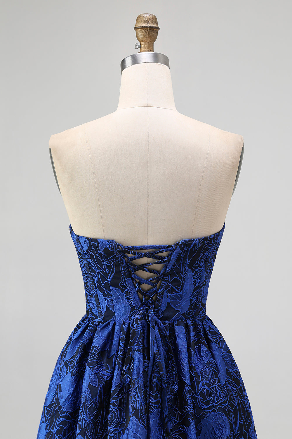 Floral Dark Blue A-Line Jacquard Sweetheart Long Corset Wedding Guest Dress