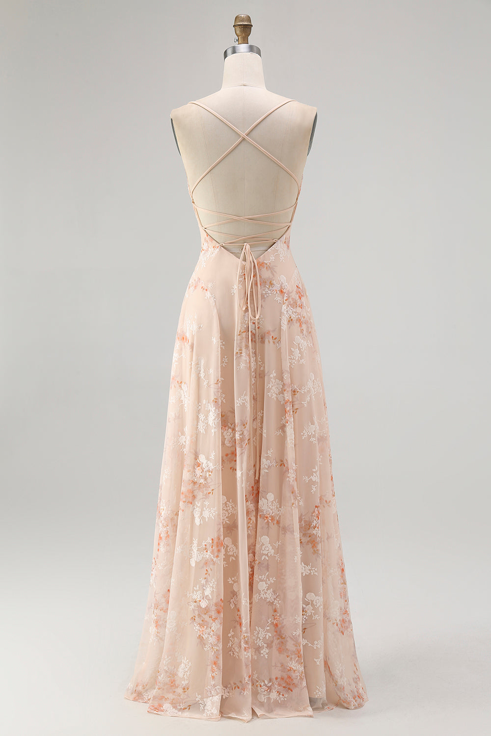 Floral Champagne Chiffon Spaghetti Straps Ruched A-Line Long Wedding Guest Dress