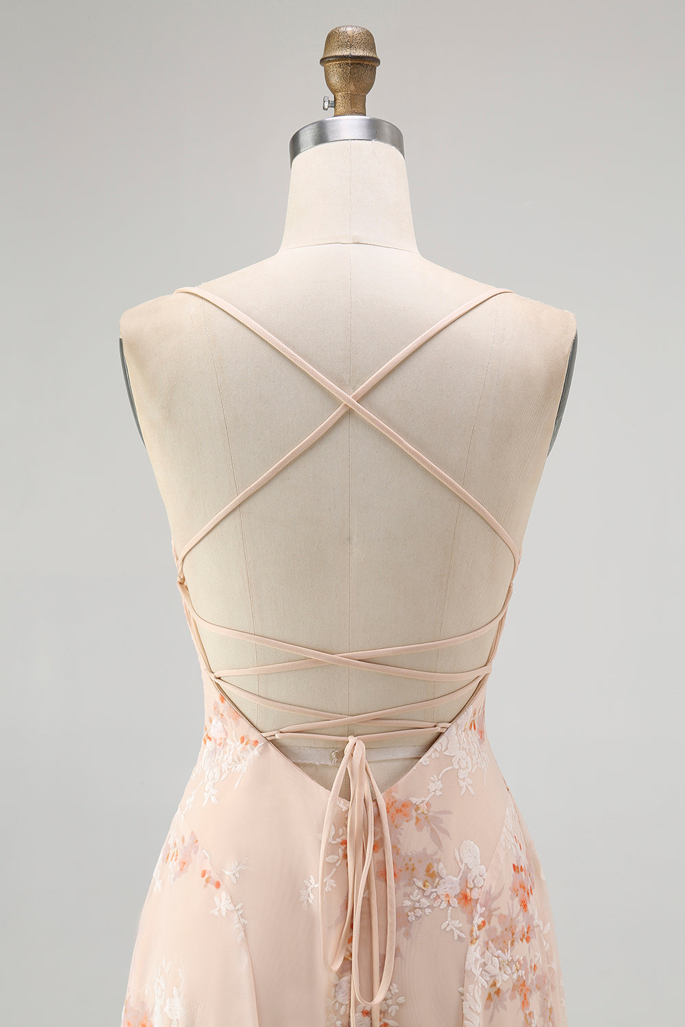 Floral Champagne Chiffon Spaghetti Straps Ruched A-Line Long Wedding Guest Dress