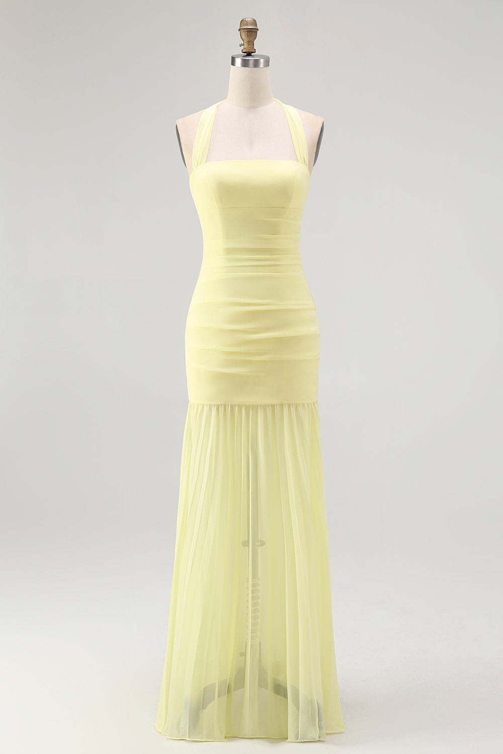 Simple Yellow Chiffon Halter Sheath Ruched Long Wedding Guest Dress