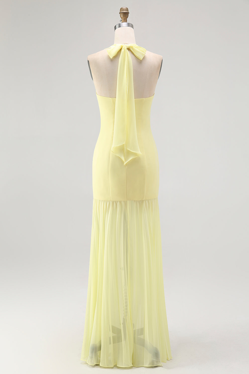 Simple Yellow Chiffon Halter Sheath Ruched Long Wedding Guest Dress