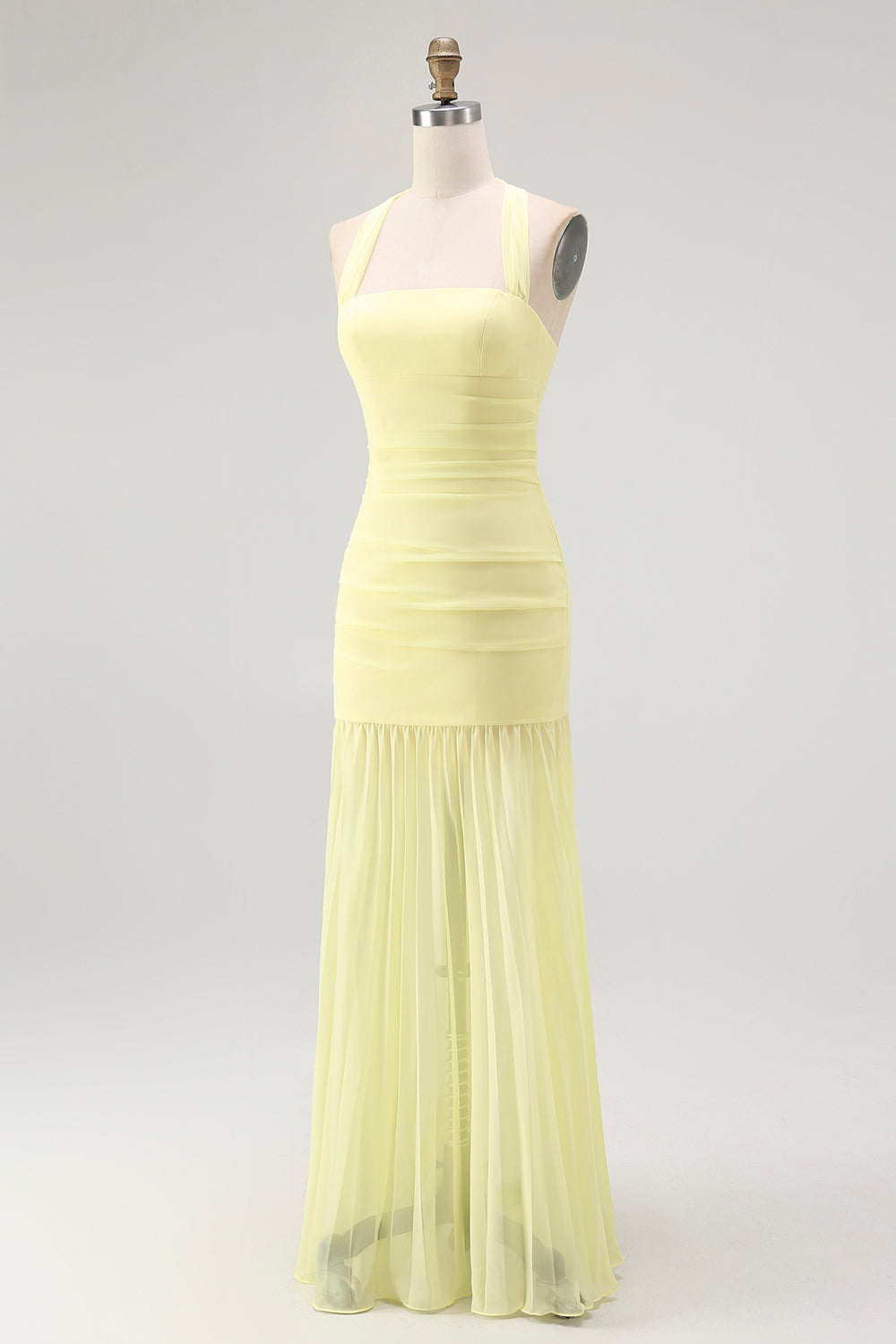 Simple Yellow Chiffon Halter Sheath Ruched Long Wedding Guest Dress