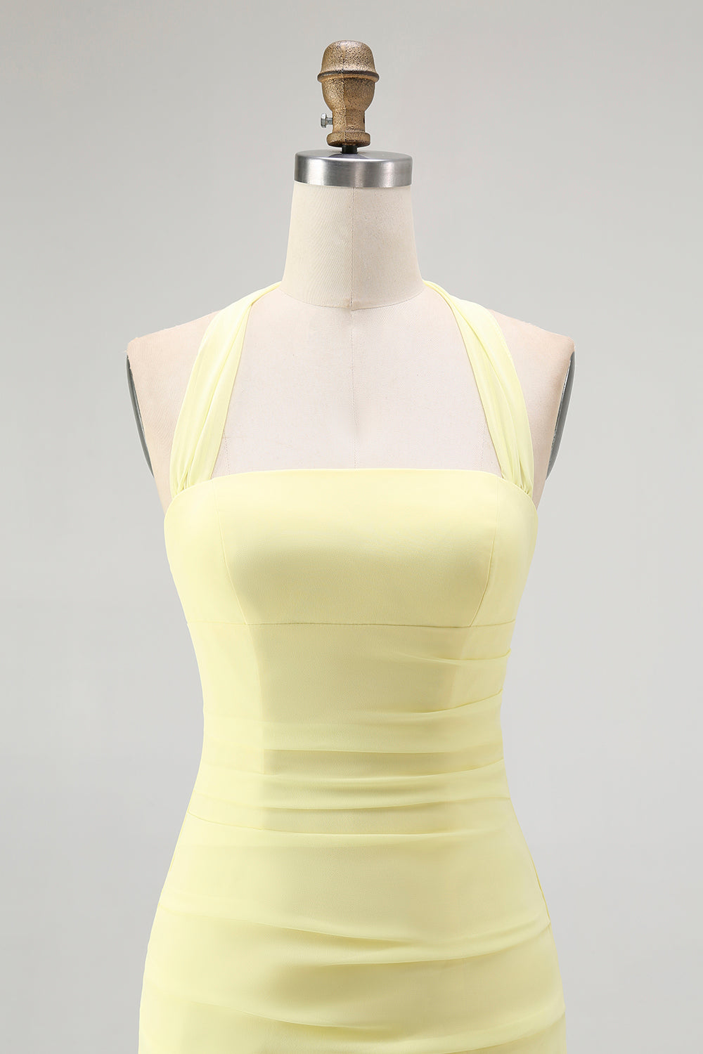Simple Yellow Chiffon Halter Sheath Ruched Long Wedding Guest Dress