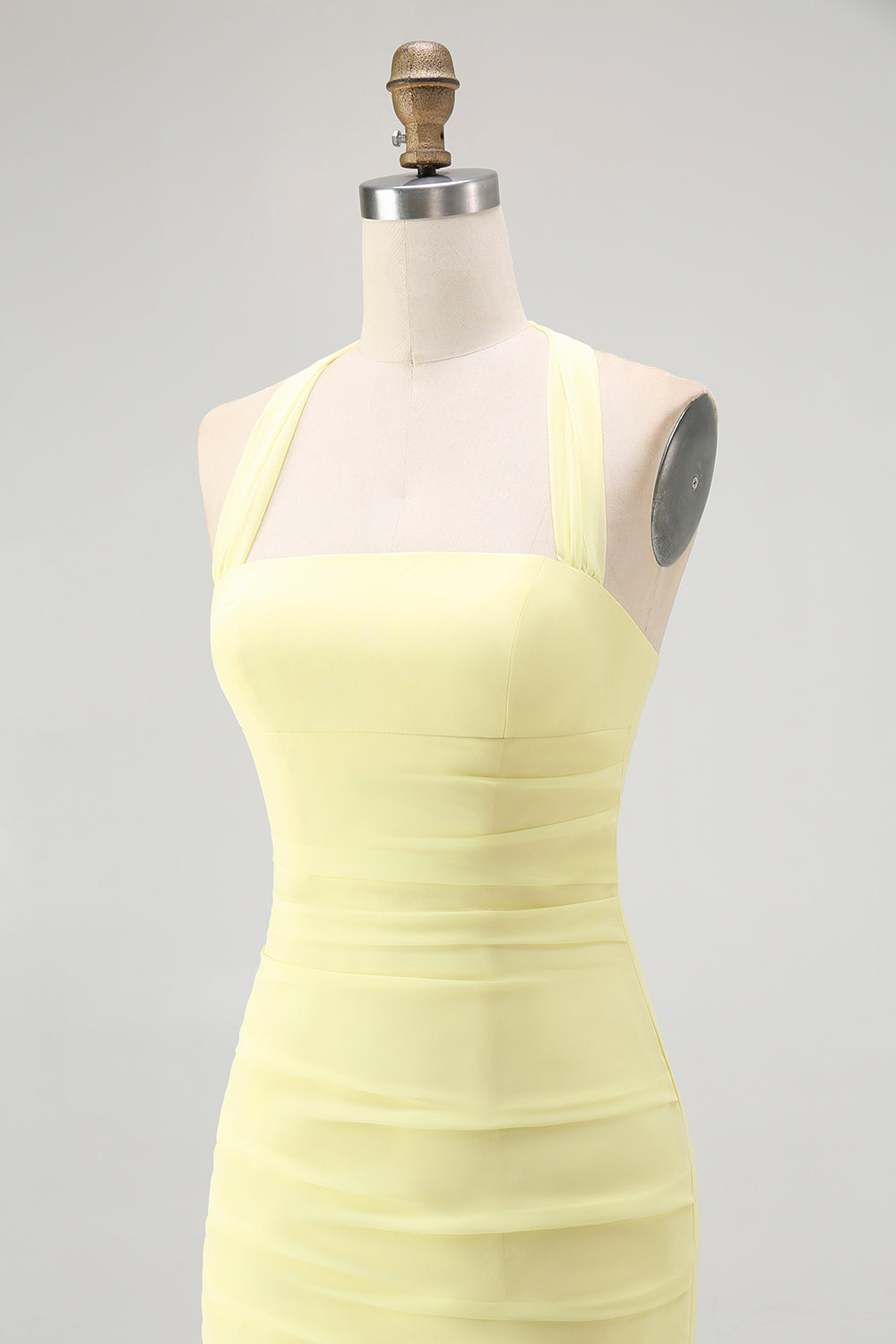 Simple Yellow Chiffon Halter Sheath Ruched Long Wedding Guest Dress