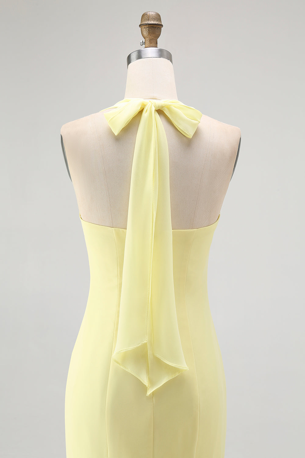 Simple Yellow Chiffon Halter Sheath Ruched Long Wedding Guest Dress