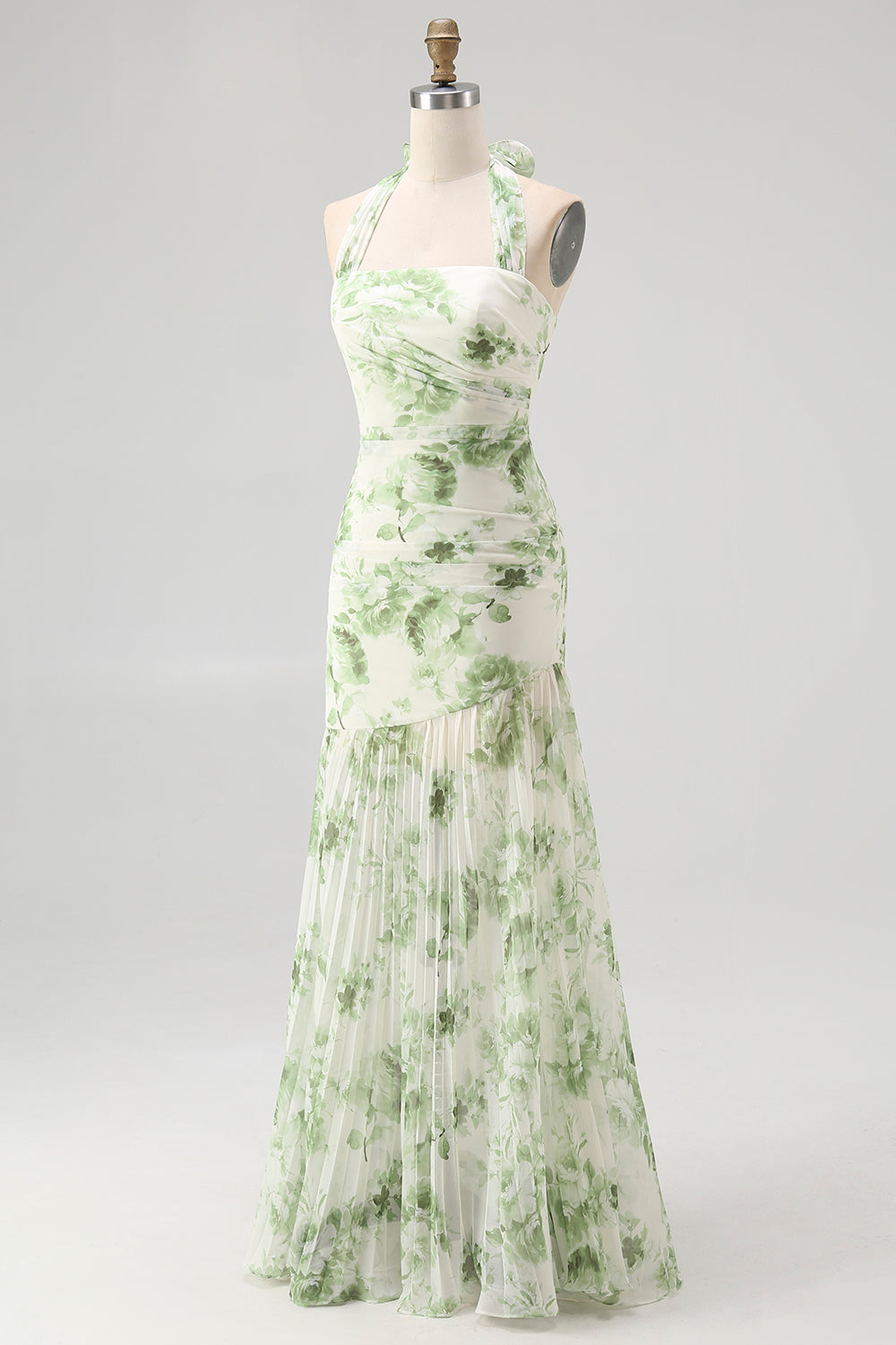 Floral Green Chiffon Halter Mermaid Pleated Long Wedding Guest Dress
