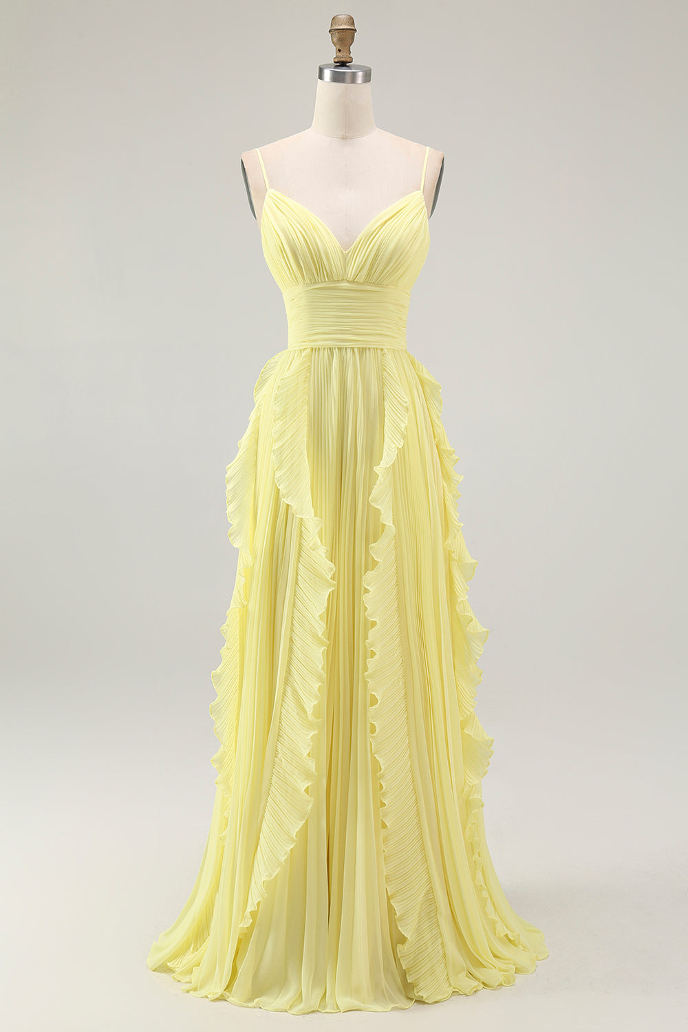 Yellow Chiffon Spaghetti Straps Pleated A-Line Long Wedding Guest Dress with Ruffles