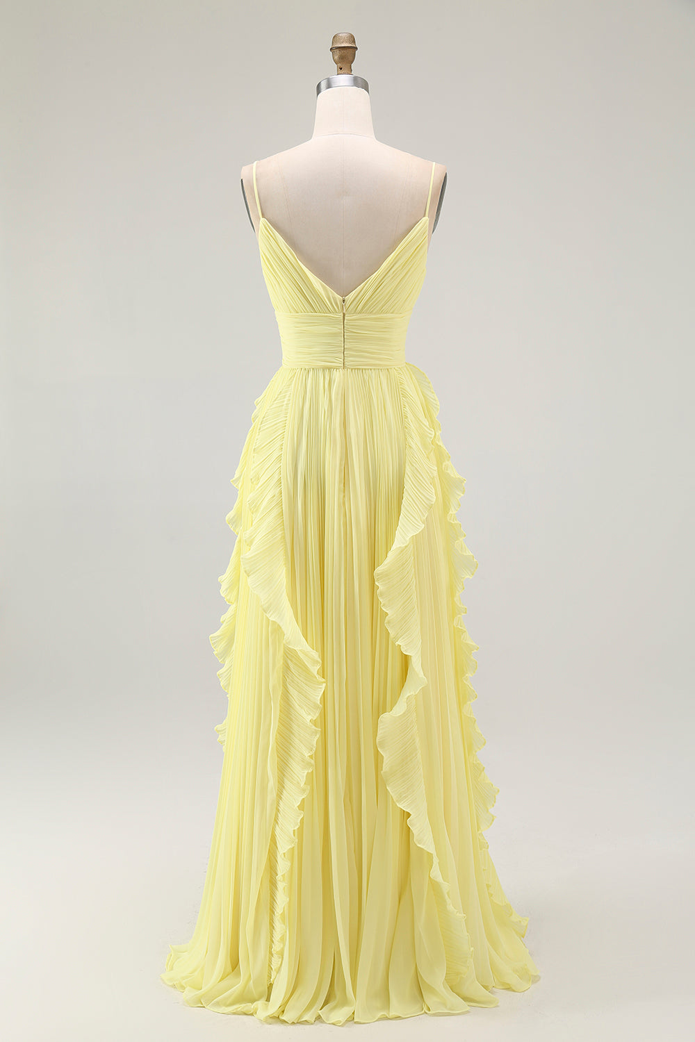 Yellow Chiffon Spaghetti Straps Pleated A-Line Long Wedding Guest Dress with Ruffles