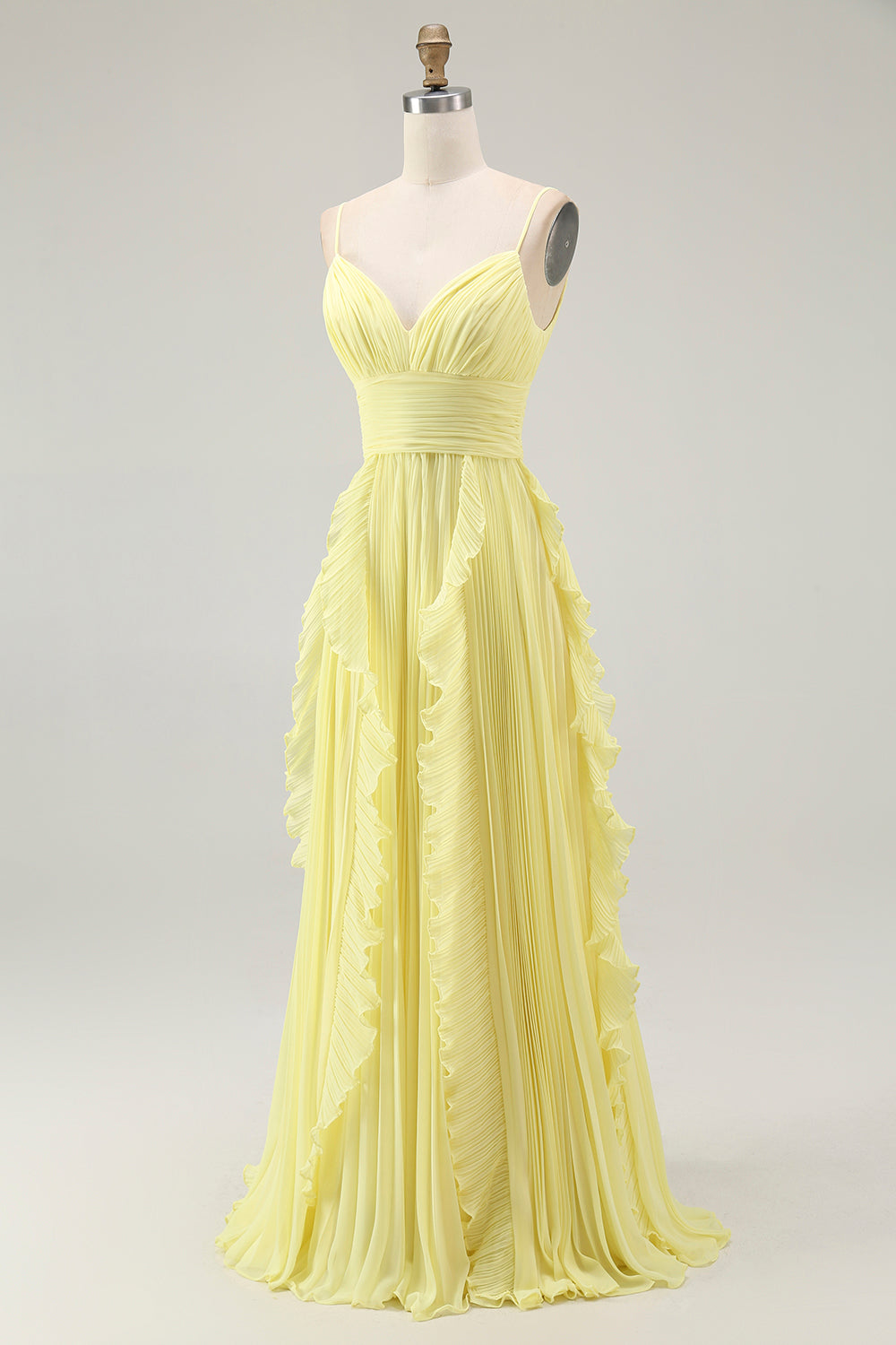 Yellow Chiffon Spaghetti Straps Pleated A-Line Long Wedding Guest Dress with Ruffles