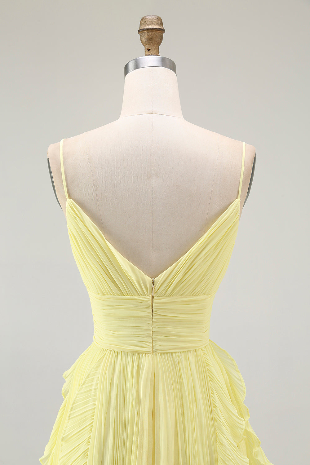 Yellow Chiffon Spaghetti Straps Pleated A-Line Long Wedding Guest Dress with Ruffles