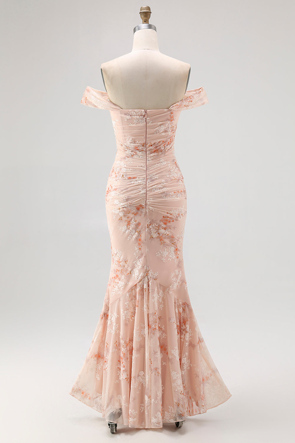 Floral Champagne Chiffon Off the Shoulder Mermaid Ruched Long Wedding Guest Dress