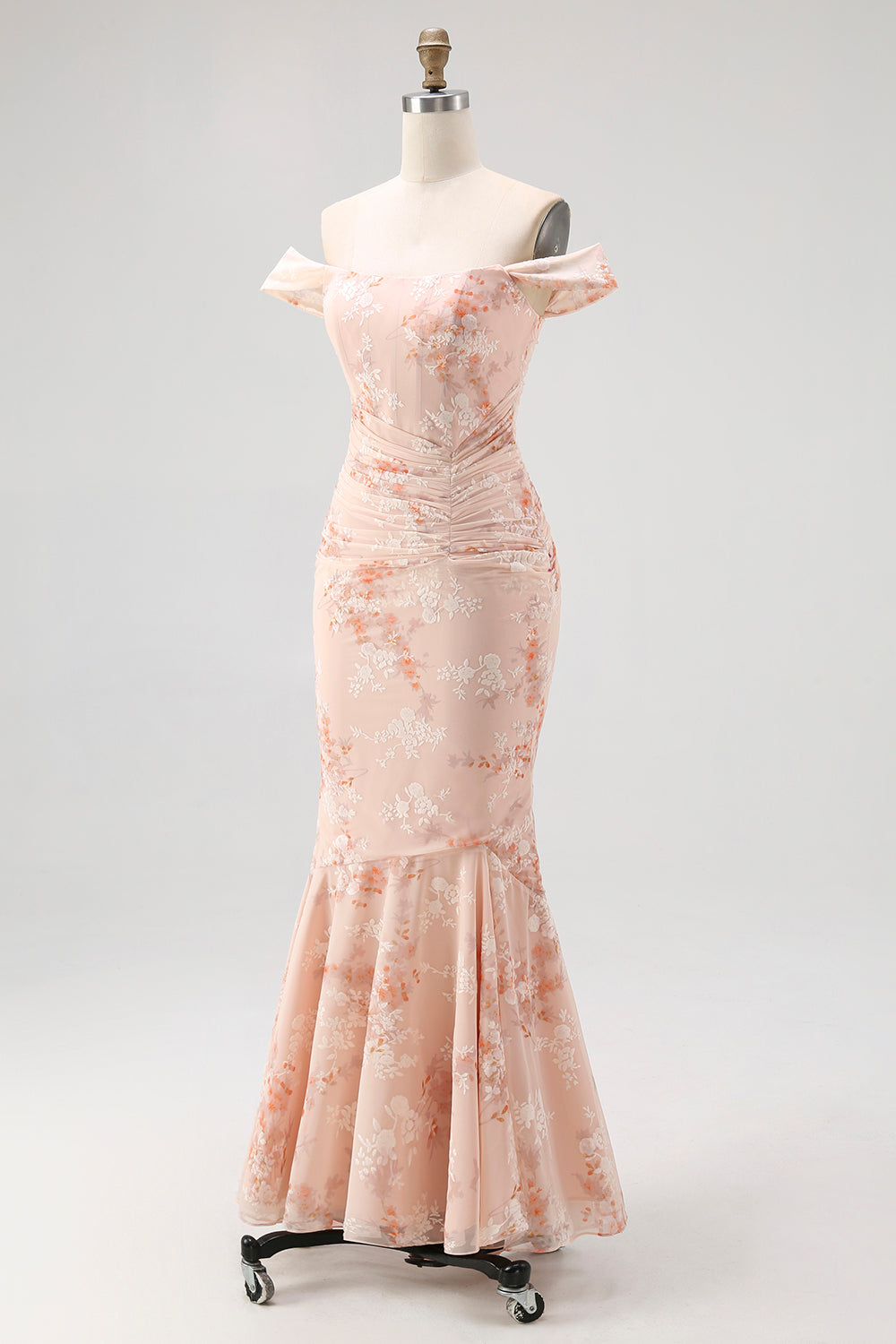 Floral Champagne Chiffon Off the Shoulder Mermaid Ruched Long Wedding Guest Dress