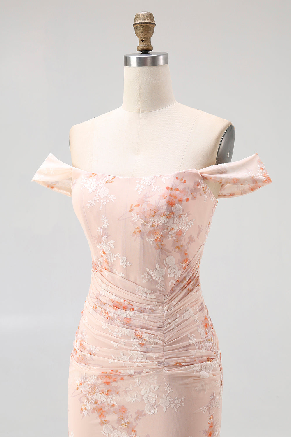 Floral Champagne Chiffon Off the Shoulder Mermaid Ruched Long Wedding Guest Dress