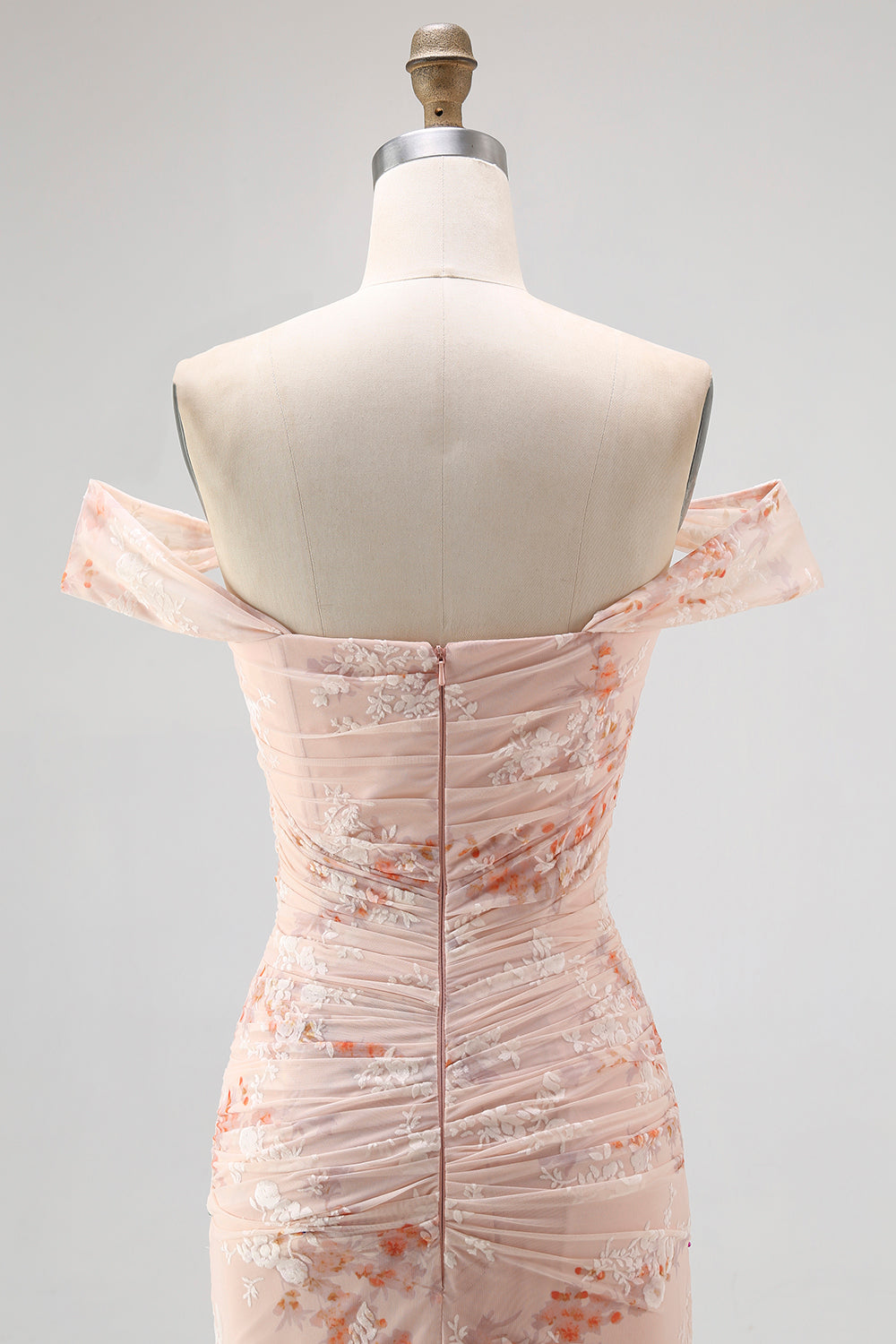 Floral Champagne Chiffon Off the Shoulder Mermaid Ruched Long Wedding Guest Dress