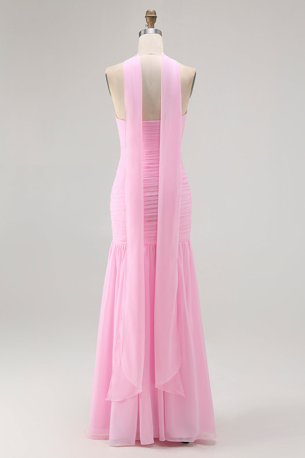 Blush Strapless Chiffon Ruched Mermaid Neck Scarf Long Wedding Guest Dress