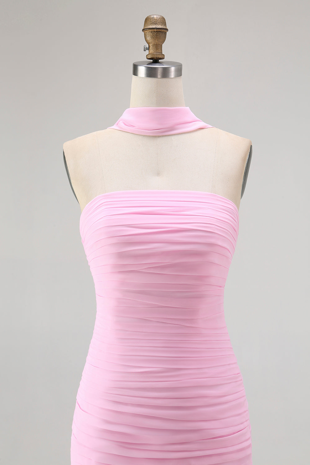 Blush Strapless Chiffon Ruched Mermaid Neck Scarf Long Wedding Guest Dress