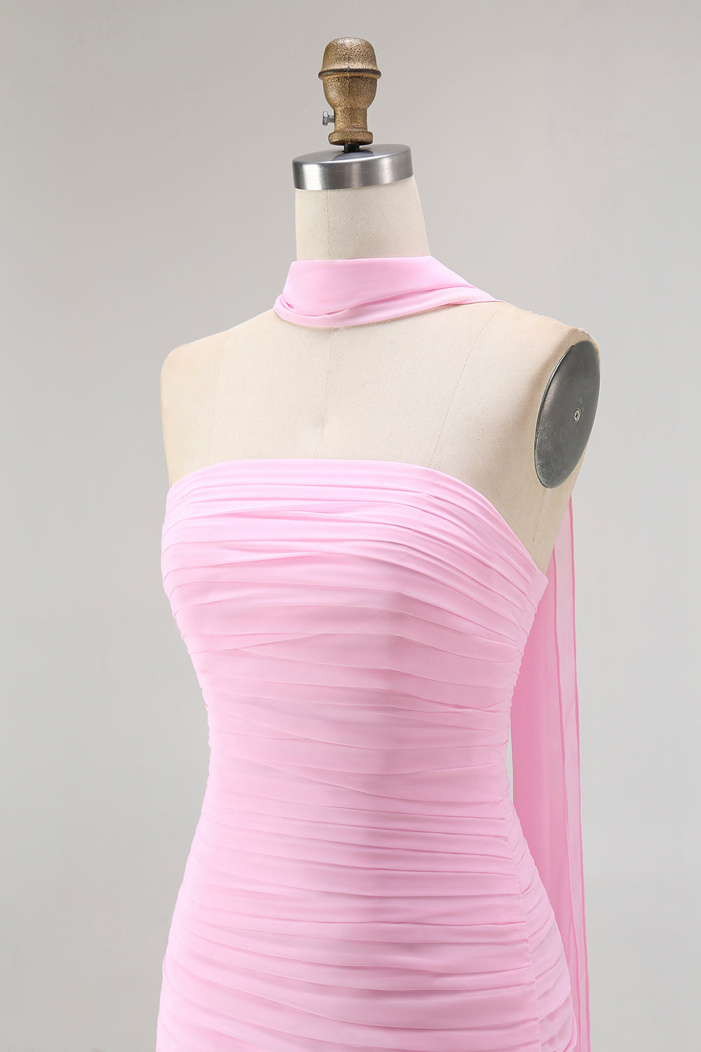 Blush Strapless Chiffon Ruched Mermaid Neck Scarf Long Wedding Guest Dress