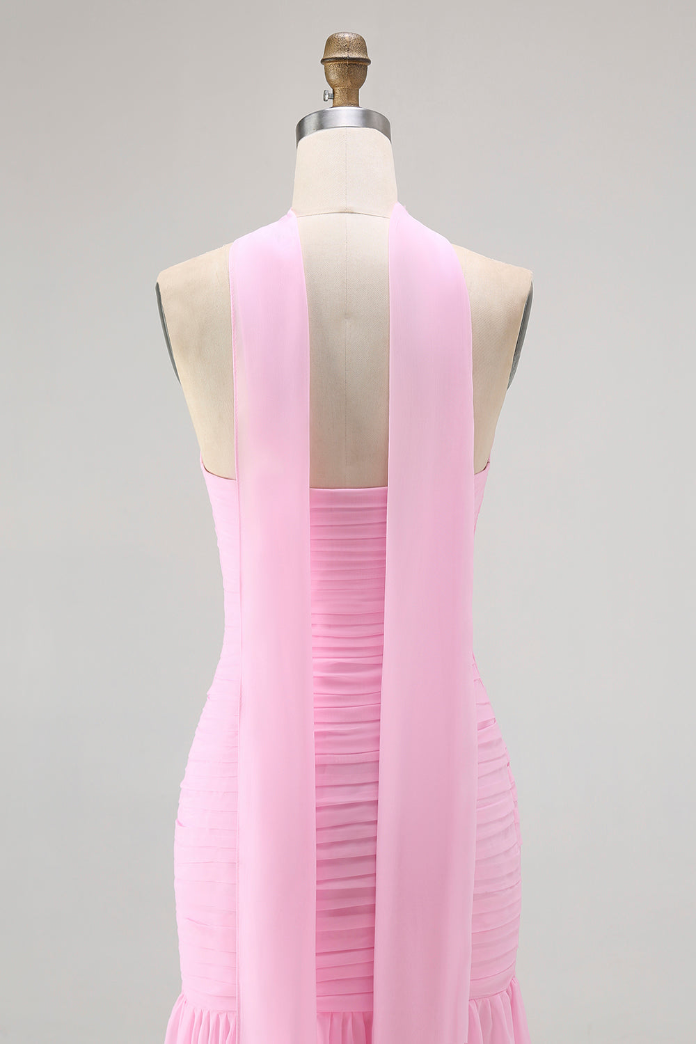 Blush Strapless Chiffon Ruched Mermaid Neck Scarf Long Wedding Guest Dress