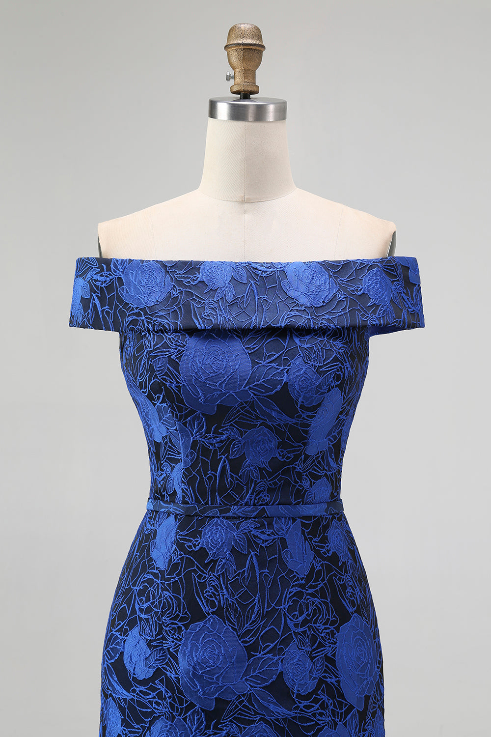 Floral Dark Blue Sheath Off the Shoulder Long Wedding Guest Dress with Slit