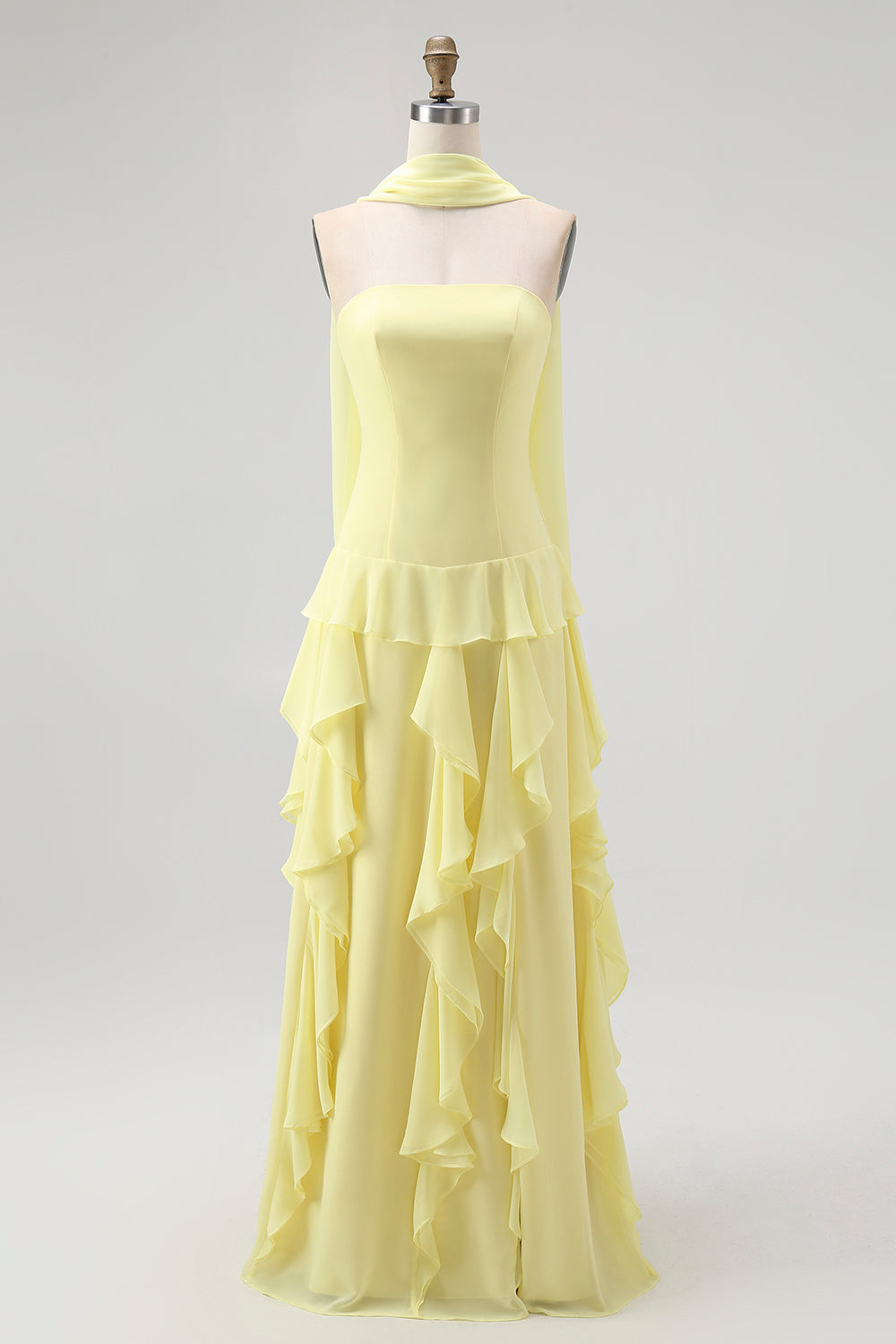 Yellow Strapless Chiffon Neck Scarf A-Line Long Wedding Guest Dress with Ruffles