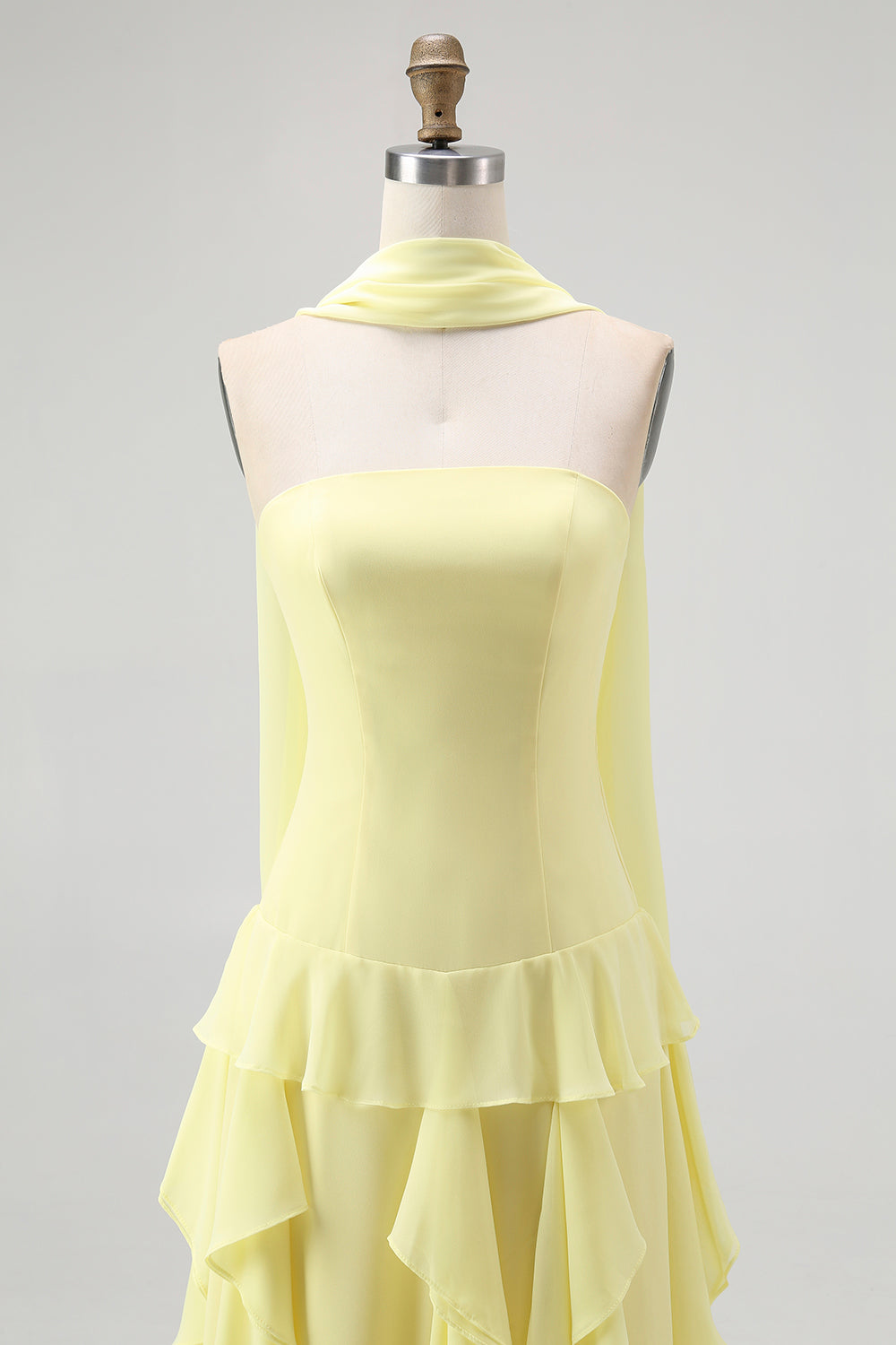 Yellow Strapless Chiffon Neck Scarf A-Line Long Wedding Guest Dress with Ruffles