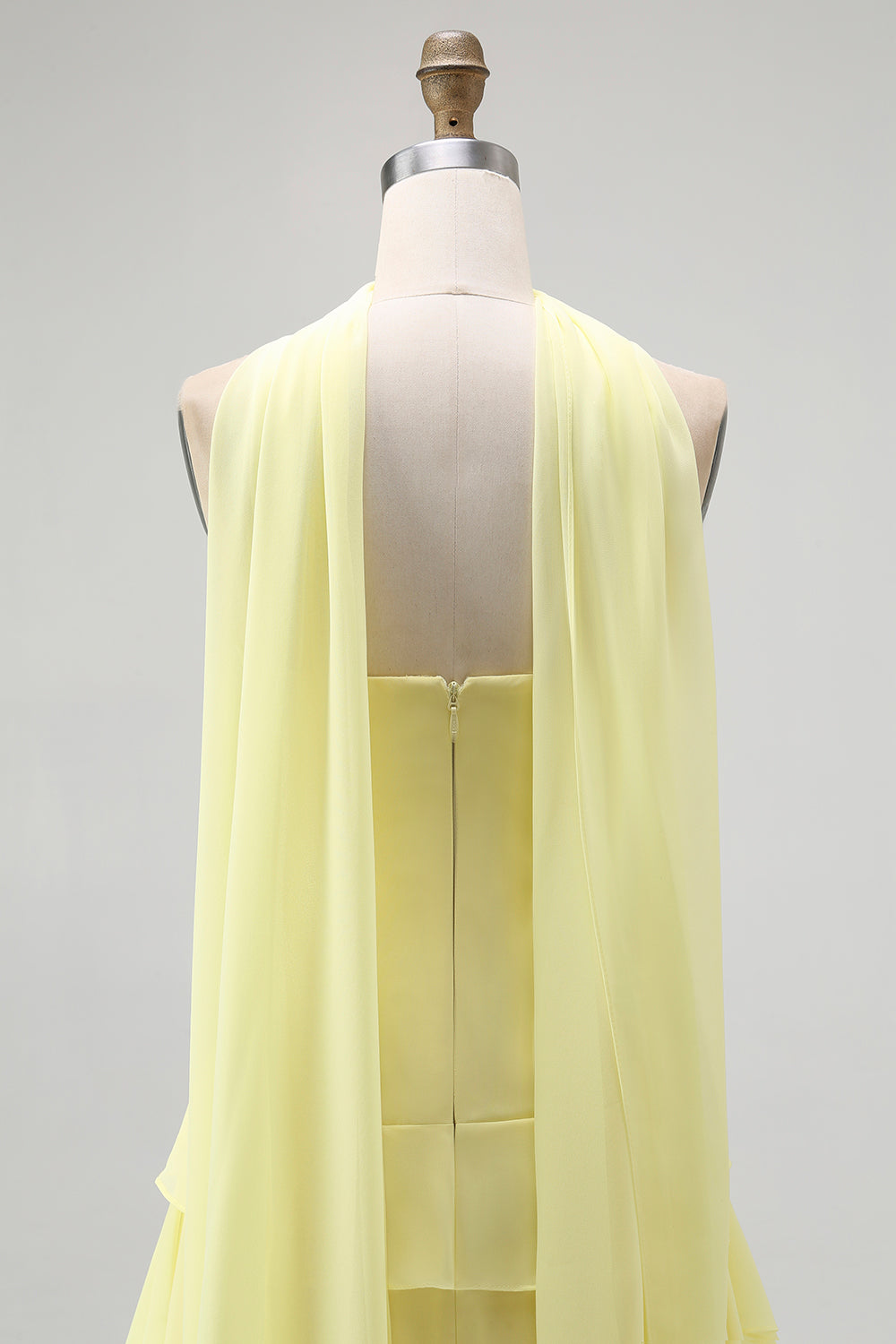 Yellow Strapless Chiffon Neck Scarf A-Line Long Wedding Guest Dress with Ruffles