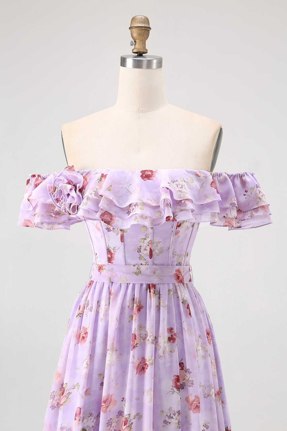 Floral Purple Off the Shoulder A-Line Chiffon Long Wedding Guest Dress with Ruffles