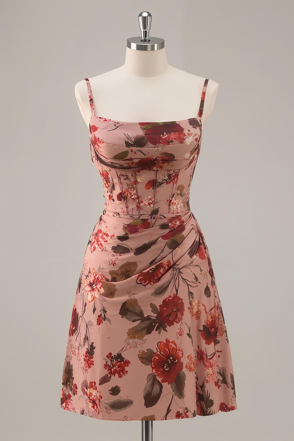 Dusty Rose Corset Chiffon Ruched Short Floral Homecoming Dress