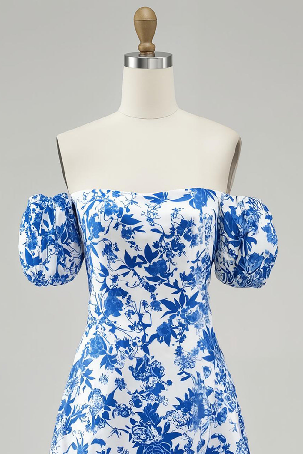 Floral Blue Off the Shoulder Short Chiffon Homecoming Dress with Sleeves
