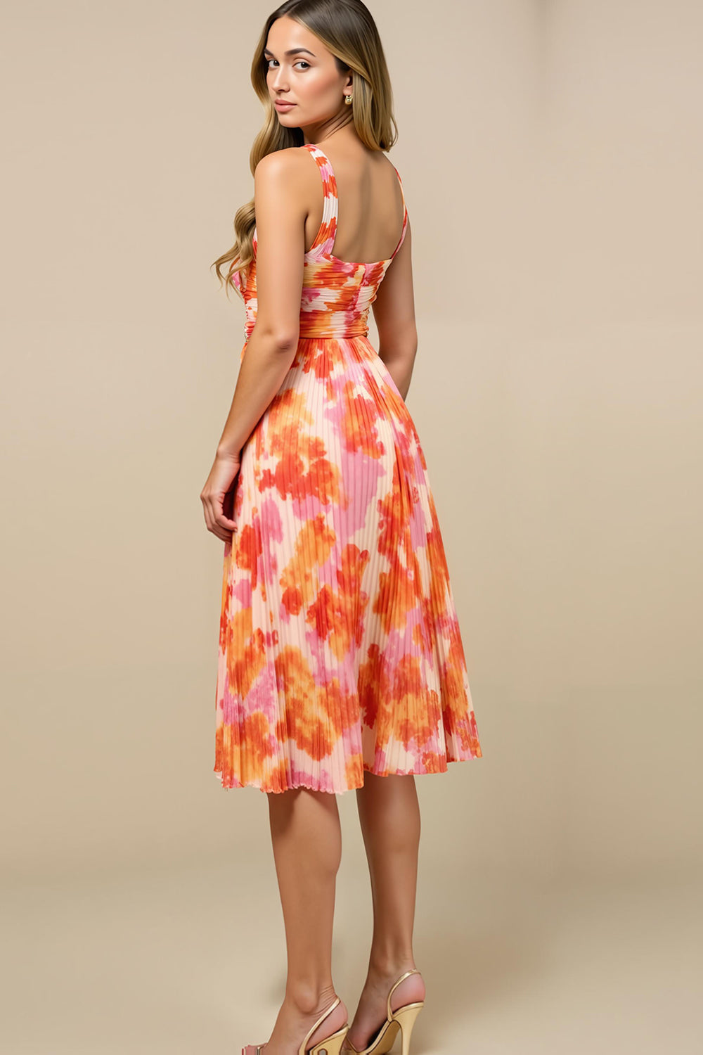 Sunset Chiffon Pleated Thick Straps Midi Wedding Guest Dress