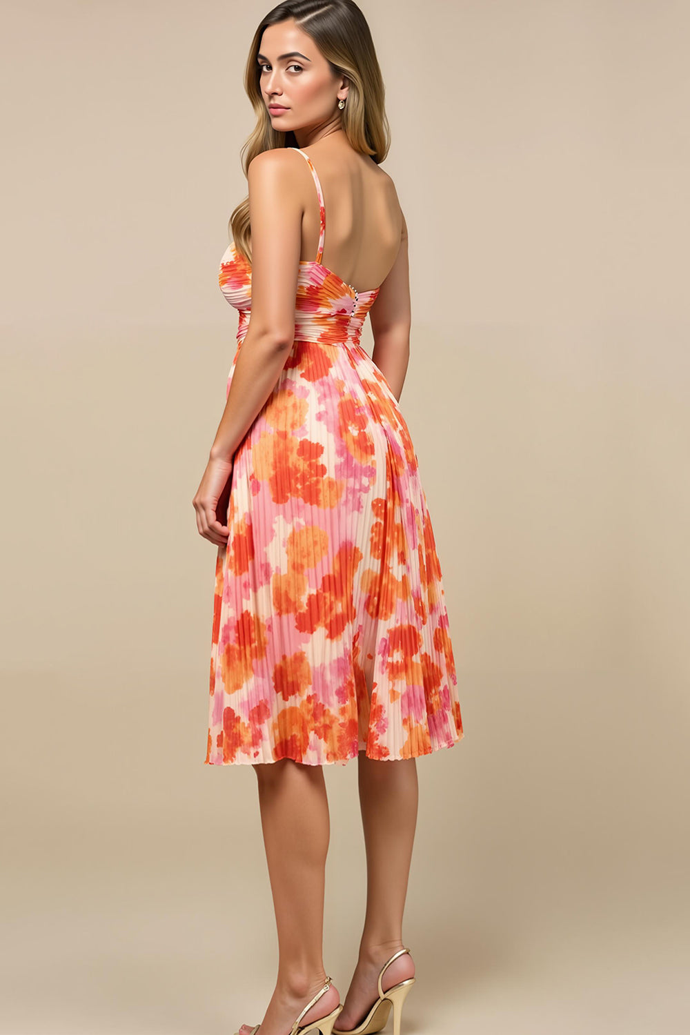 Sunset Chiffon Pleated Spaghetti Straps Midi Wedding Guest Dress