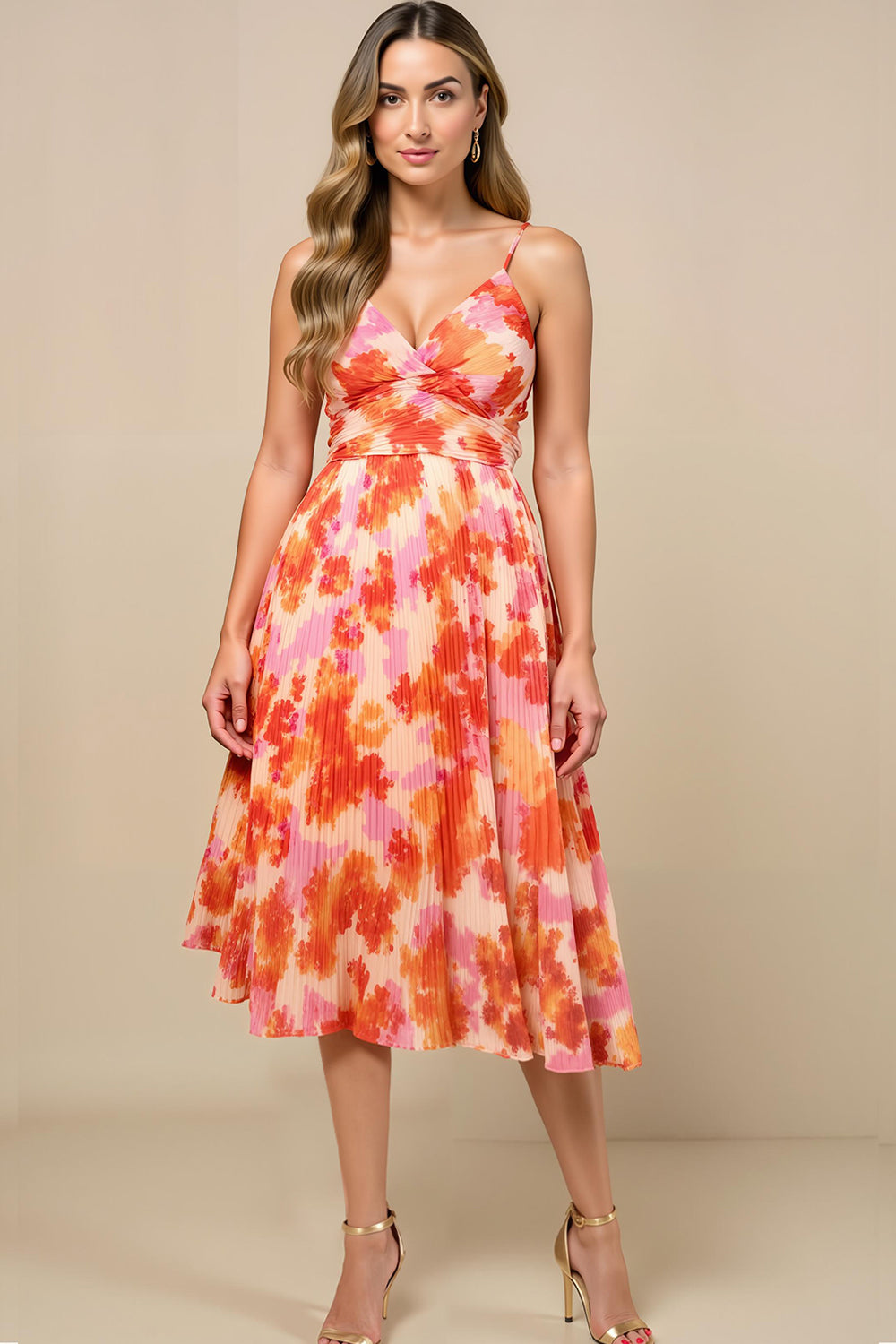 Sunset Chiffon Pleated Spaghetti Straps Midi Wedding Guest Dress