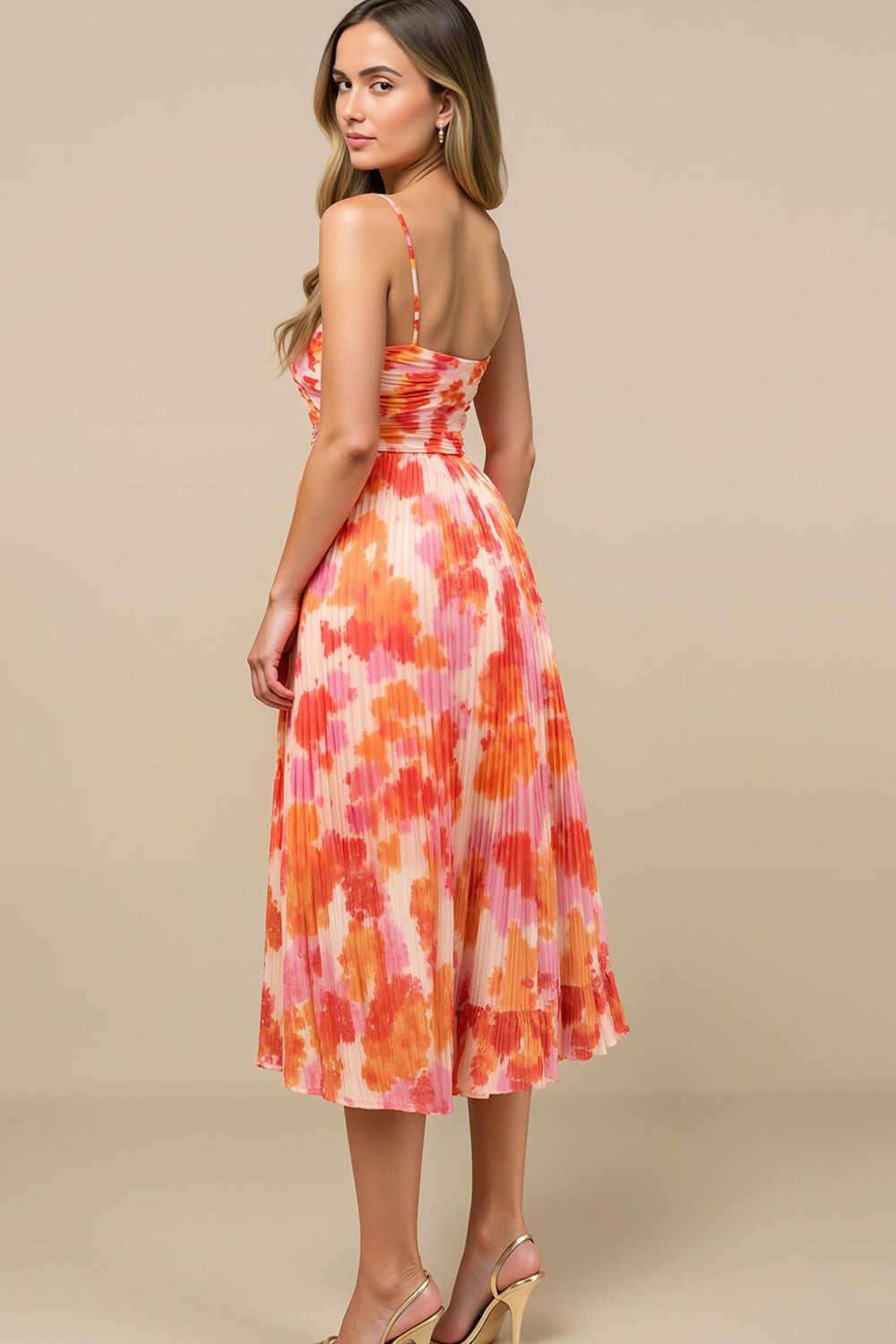 Sunset Chiffon Pleated Spaghetti Straps Midi Wedding Guest Dress