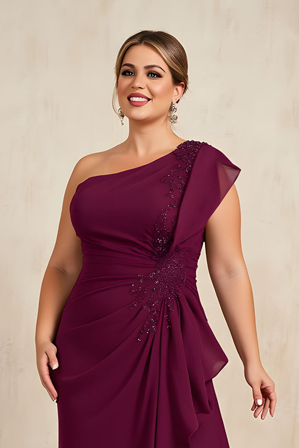 Burgundy Ruched Sheath Long Plus Size Wedding Guest Dress with Beading