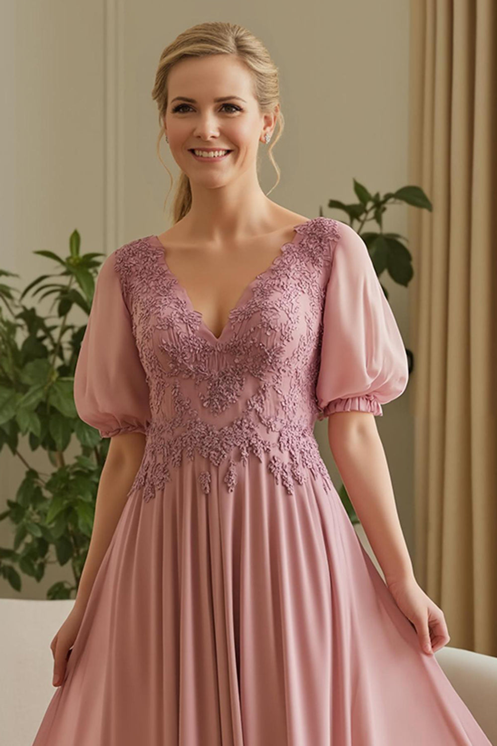 Dusty Rose Appliqued A Line Long Wedding Guest Dress with Sleeves