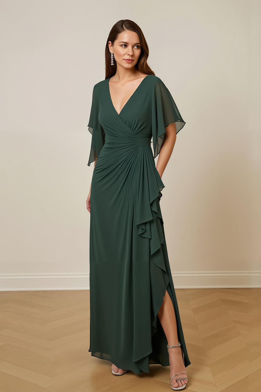Dark Green Sheath Chiffon Ruched Long Wedding Guest Dress with Ruffles
