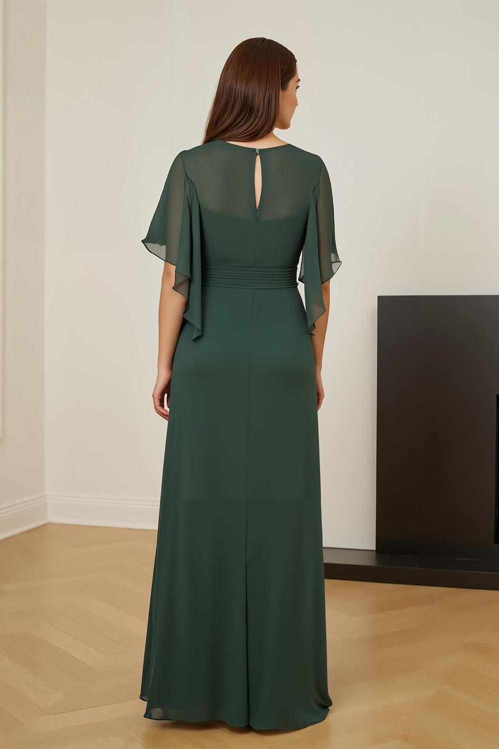 Dark Green Sheath Chiffon Ruched Long Wedding Guest Dress with Ruffles