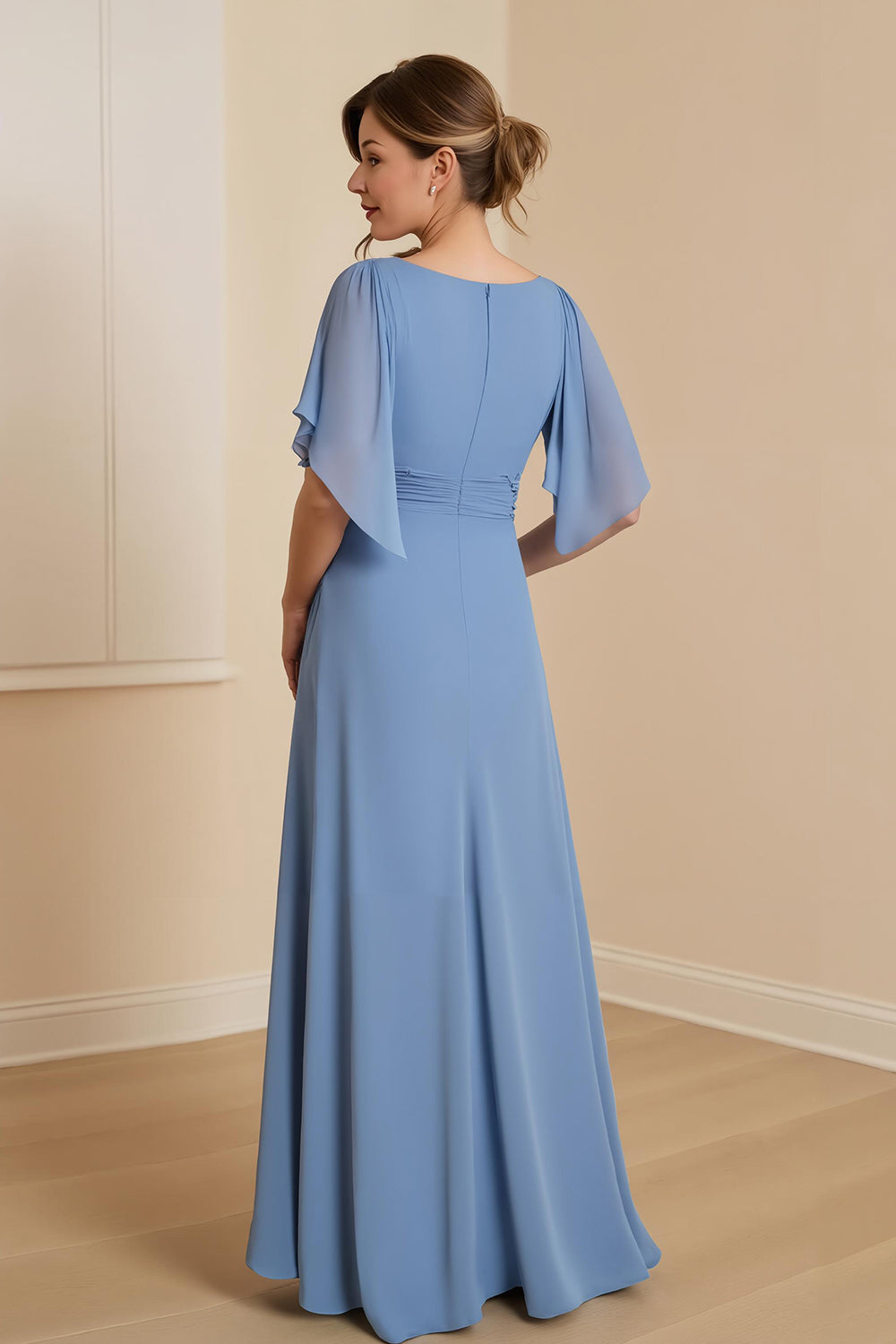 Dusty Blue Appliqued Chiffon Long Wedding Guest Dress with Ruffles