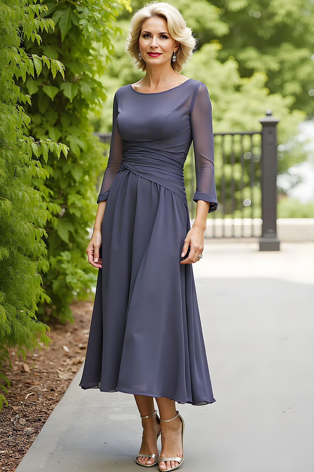 Steel Grey A Line Boat Neck Long Chiffon Wedding Guest Dress with Sleeves