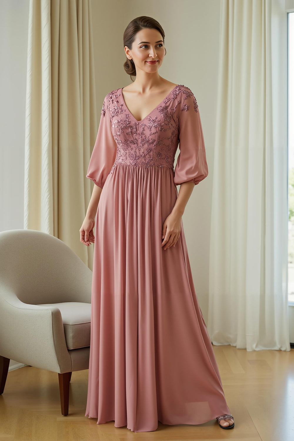 Dusty Rose Appliqued Chiffon Long Wedding Guest Dress with Sleeves